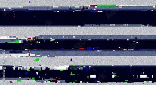 Corrupted Digital Signal with Horizontal Bands of Blue and Gray and Scattered Pixel Errors glitch
