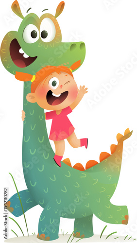 Cute little girl playing with her dinosaur friend. Child and imaginary dino animal playing together. Colorful characters cartoon for little children. Vector kid and dinosaur illustration clipart