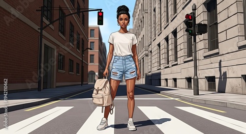 Young black woman standing on crosswalk in urban setting  
