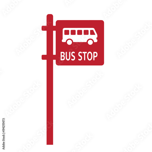 Red bus stop sign on a post with white text and bus icon  public transportation symbol