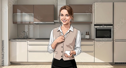 Young woman smiling while standing in modern kitchen with cup