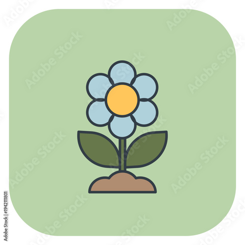 Blooming blue flower with yellow center growing from soil icon. Vector illustration for spring design