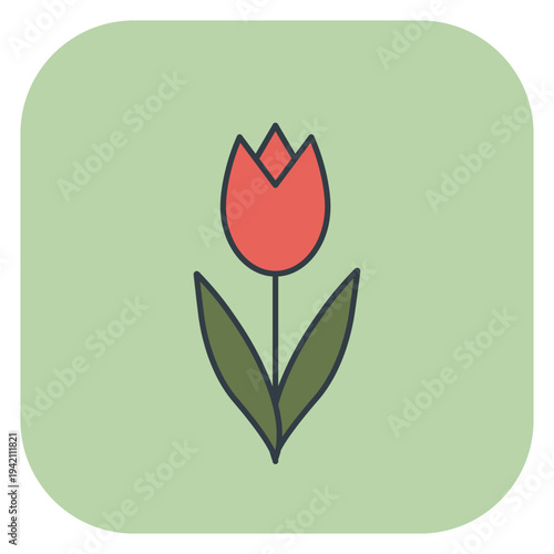 Red tulip flower with green leaves icon isolated on light green background. Vector illustration for spring design