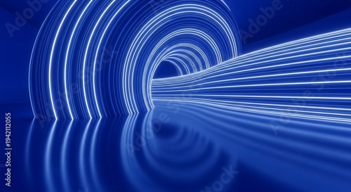 Futuristic Blue Neon Tunnel with Reflective Floor and Curved Walls abstract architecture