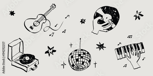 Hand drawn whimsical music and party sketch collection. Vintage doodles in simple crayon style. Grunge musical instruments and symbols. Chalk vector illustration