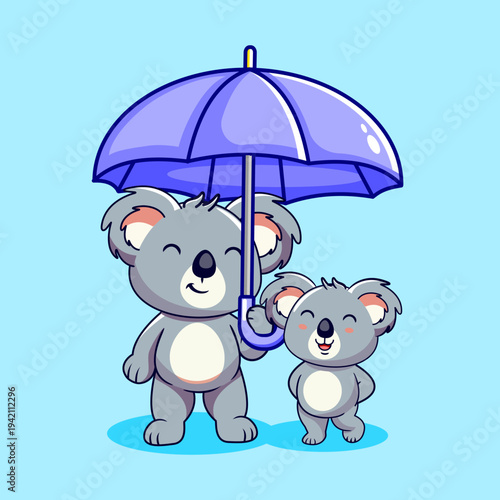 Cute Koala Parent and Child Under an Umbrella Vector Illustration Cartoon Kawaii