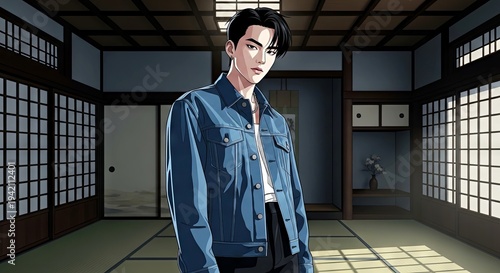 Young man standing in traditional room wearing denim jacket  