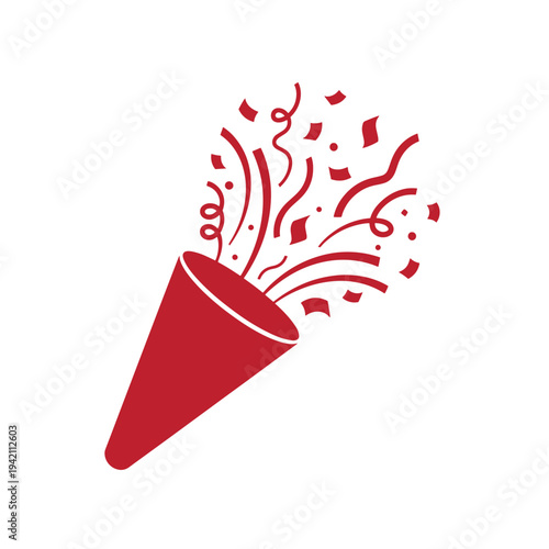 Red party horn with confetti and ribbons coming out  celebration and fun symbol