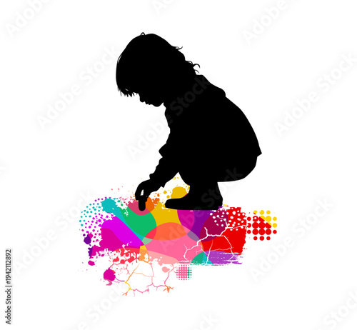 Silhouette of a little girl drawing on the asphalt . Hand drawn. Not AI, vector illustration.