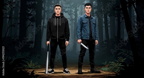 Two young men standing in forest holding baseball bats  