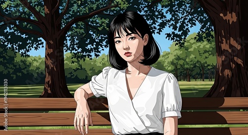 Young Asian woman sitting on park bench looking thoughtful outdoors  