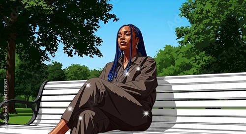 Young black woman sitting on bench in park with greenery background  