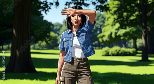 Young woman standing in park shielding eyes from sunlight  
