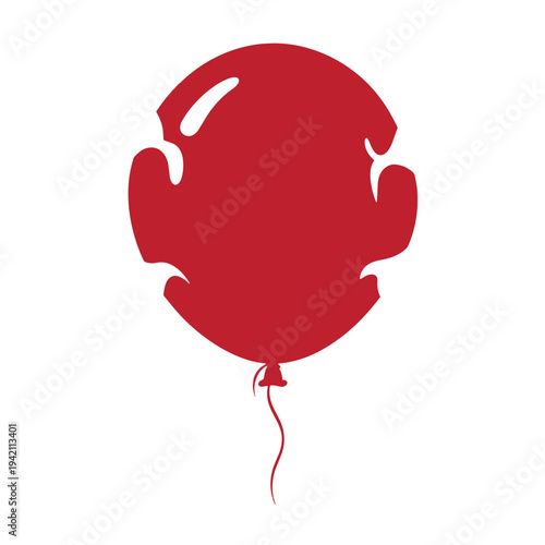 Red shiny balloon with wrinkles and a string tied to the bottom knot on white background