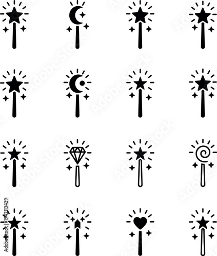 magic wand icon set with star moon diamond heart and sparkle symbols, fantasy wizard spell illustration collection isolated on transparent background