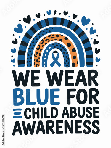 A colorful design featuring a blue ribbon symbolizes child abuse awareness.