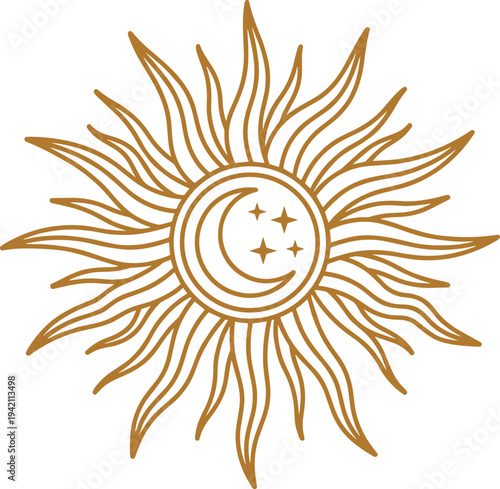 celestial sun with moon and stars mystical symbol, decorative astrology sunburst ornament vector illustration isolated on transparent background