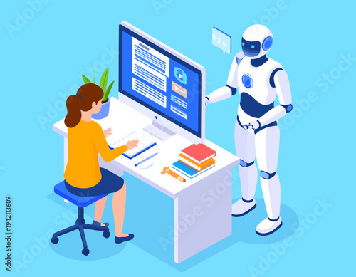 Woman Working with Robot at Computer Desk.