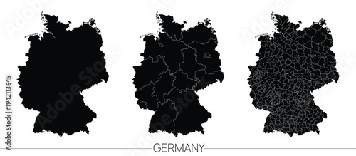 Administrative map of Germany showing federal states and districts, vector illustration of black outline of the country on white background