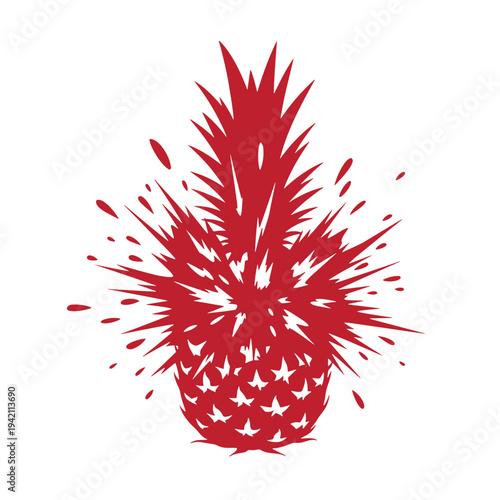 Red stylized pineapple illustration with spiky texture and abstract splashes isolated on white background