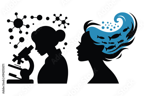 Science and innovation concept: woman with microscope and ideas