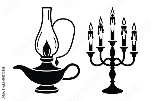 Light sources: oil lamp and candle candelabra silhouette icons