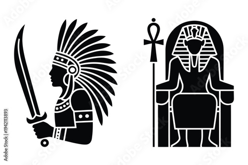 Tribal warrior and egyptian pharaoh icons: culture and power symbols