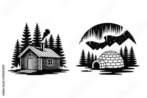Winter scene icons: log cabin and igloo with aurora borealis