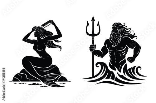 Mythological figures: mermaid combing hair and poseidon with trident