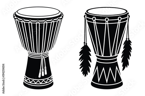 African djembe drums with feathers