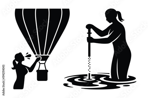 Hot air balloon and water pumping silhouettes