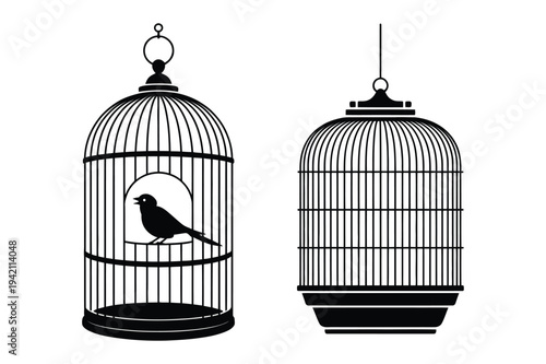 Bird cages silhouette: one empty, one with bird