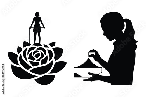 Woman on rose silhouette and cosmetic jar