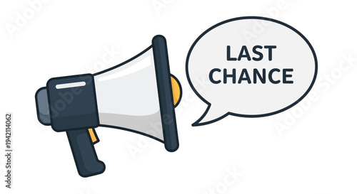 Illustration of a blue megaphone with a speech bubble saying last chance