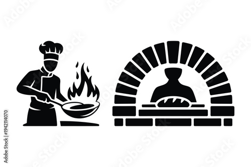 Chef frying food and brick oven with bread