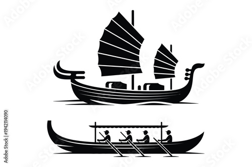 Ancient chinese junk and rowing boat vector illustration