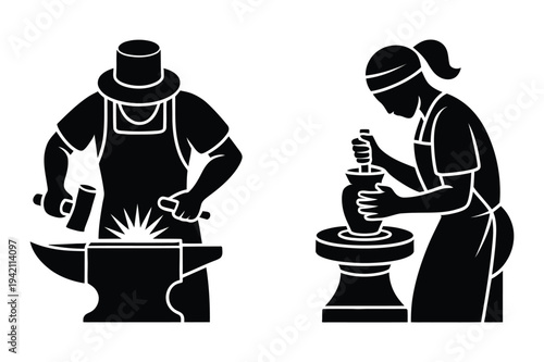 Blacksmith hammering metal and potter shaping clay icons