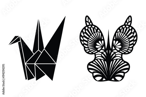 Origami crane and decorative butterfly vector silhouettes