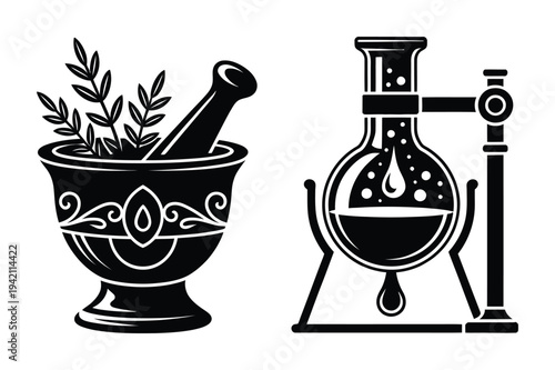 Vector icons of mortar and pestle with herbs and flask