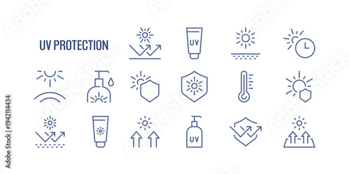 Collection of uv protection linear icons, sunscreen, sun rays, skin safety, temperature heat, set of healthcare prevention and solar shield symbols drawn with thin contour lines, vector illustration.