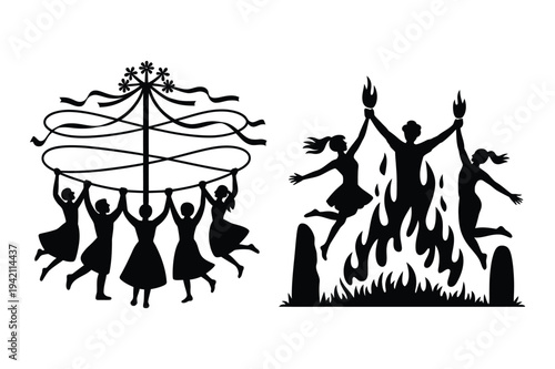 Silhouettes of people dancing around maypole and fire