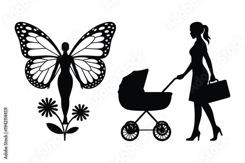Woman with butterfly wings, woman with baby stroller and suitcase