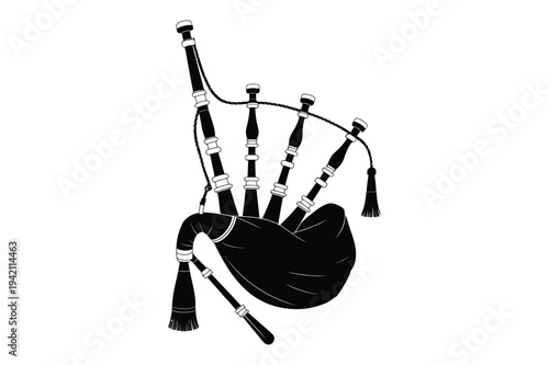 Black silhouette of scottish bagpipes with tassel and drone pipes