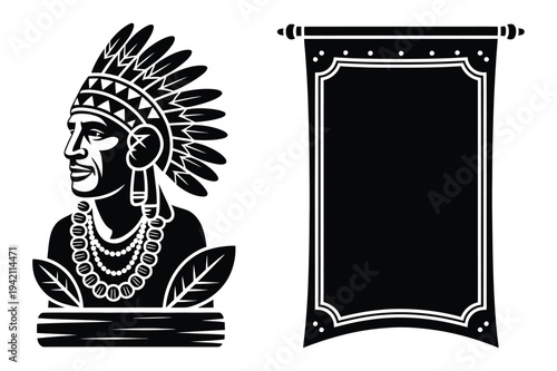 Native american chief profile, decorative ornate scroll banner