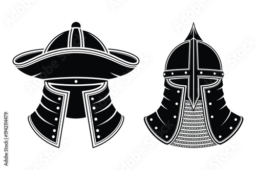 Ancient warrior helmets, mongol and knight style, black and white