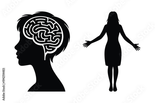 Woman silhouette with brain maze, another woman with open arms