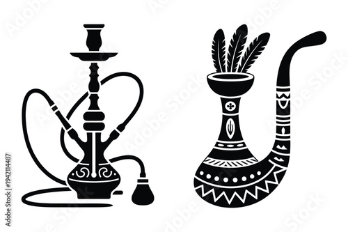 Hookah pipe and traditional ornate smoking pipe with feathers
