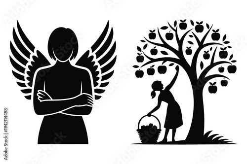 Angel silhouette with wings and woman picking apples from tree