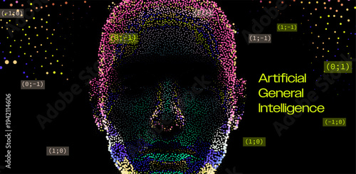 Colorful dot matrix forms a enigmatic face in vivid rainbow hues on black backdrop with coordinates and "Artificial General Intelligence" text in yellow. Conceptual vector illustration for AI.