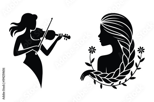 Violin player silhouette and woman with braided hair